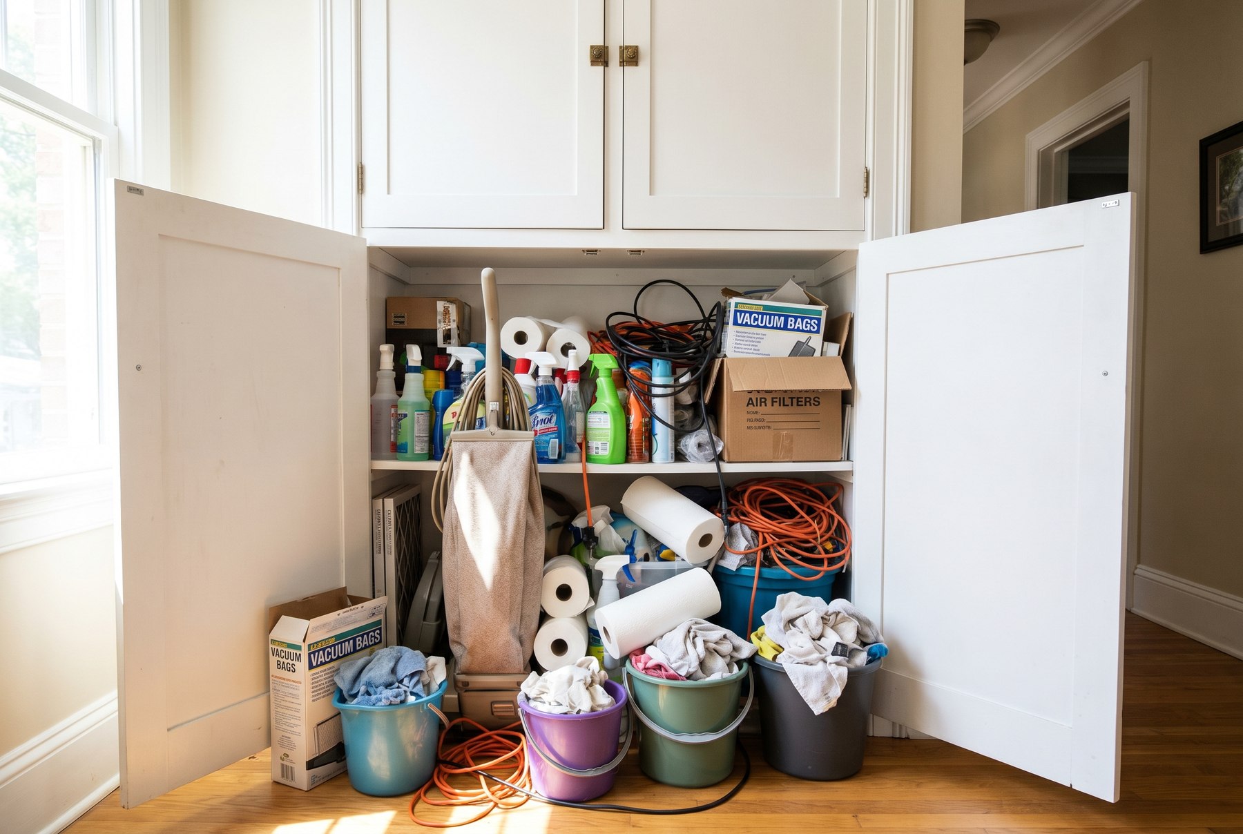 Cluttered cleaning cabinet before