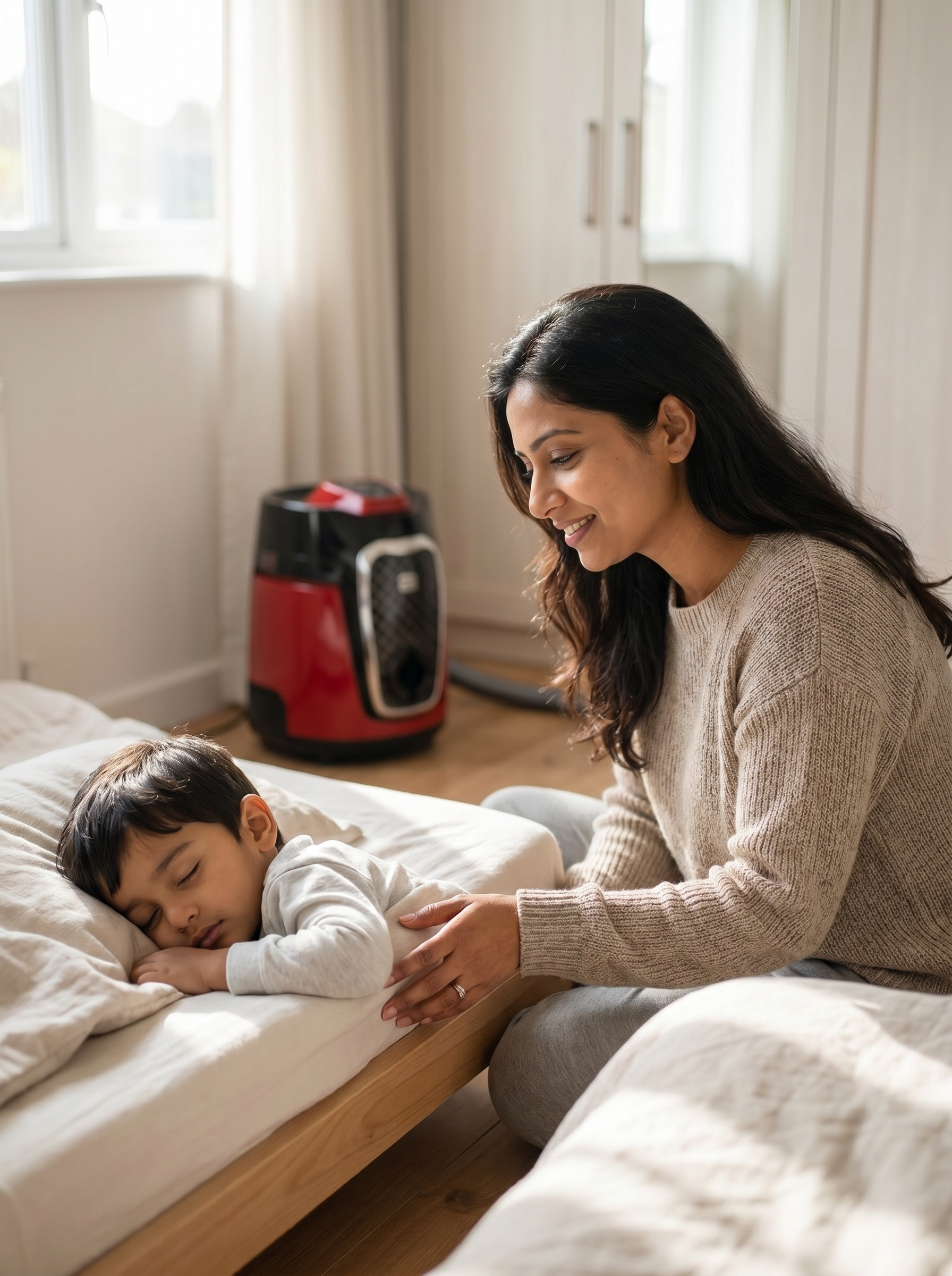 Parent watching a child sleep