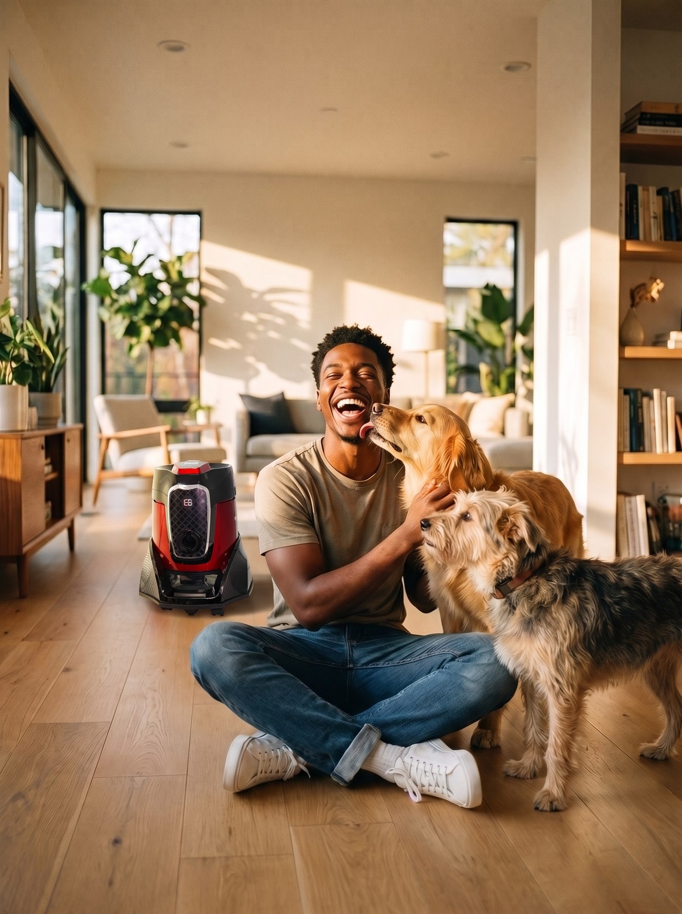Pet owner with two dogs
