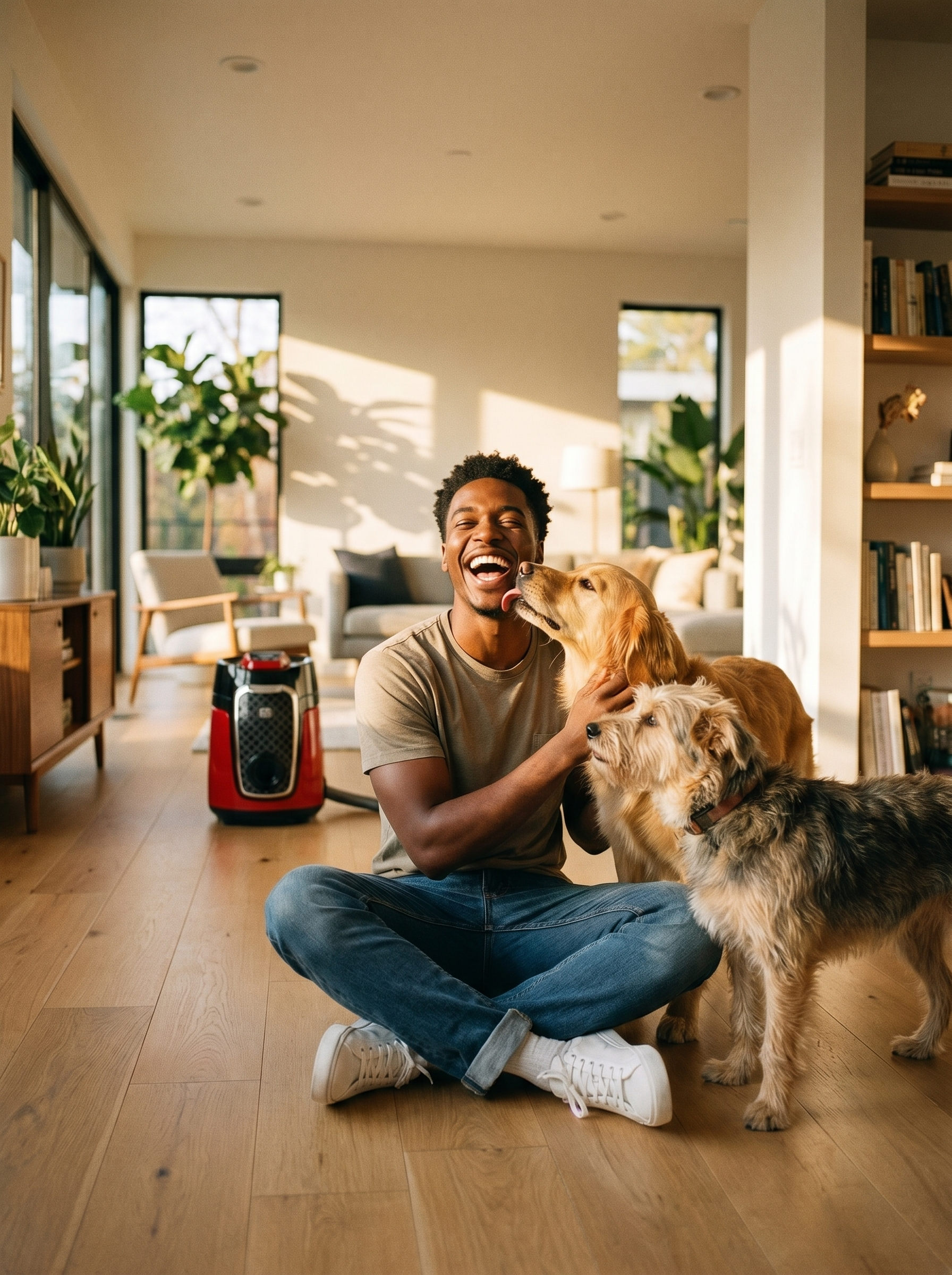 Pet owner with two dogs