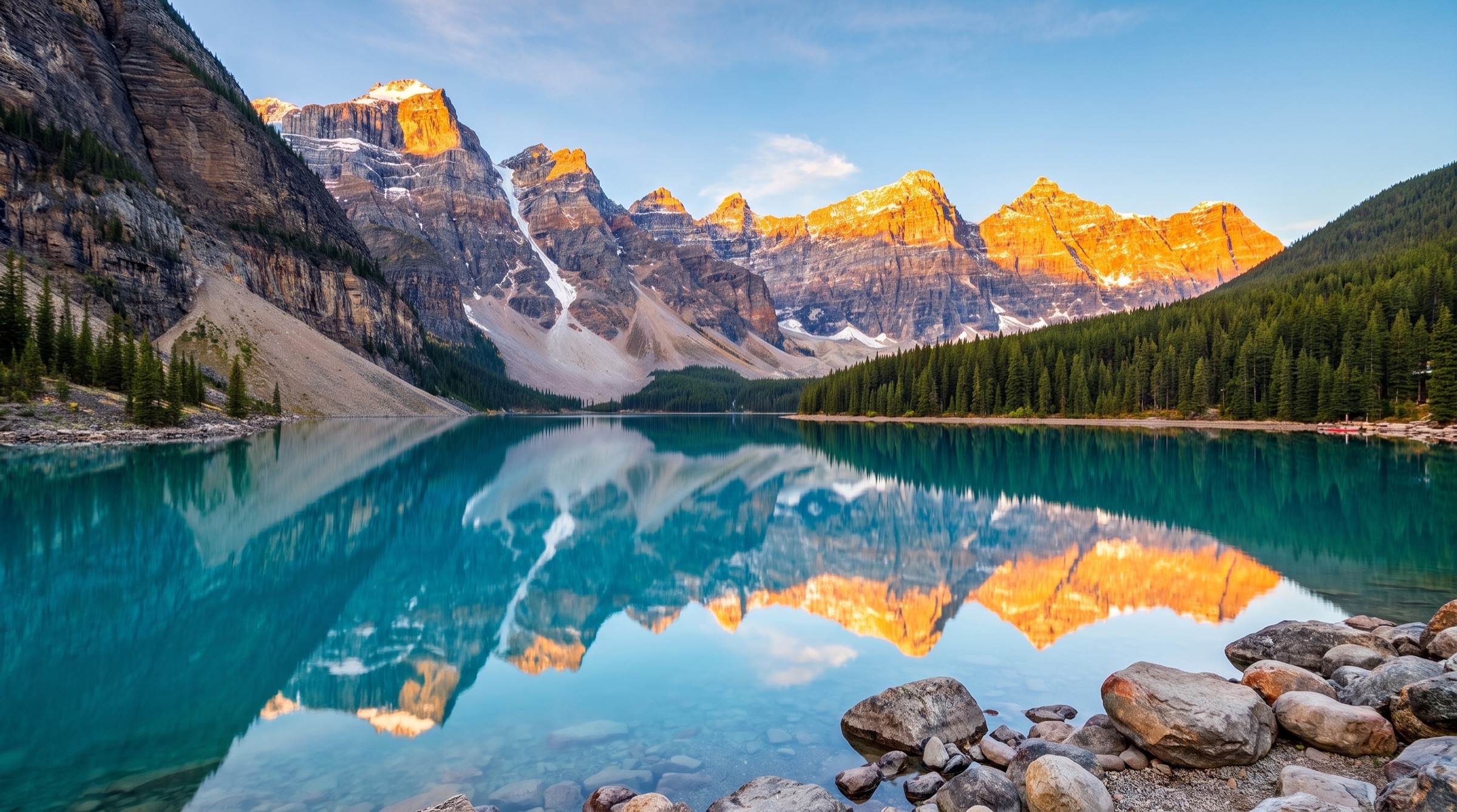 Turquoise glacial mountain lake at sunrise
