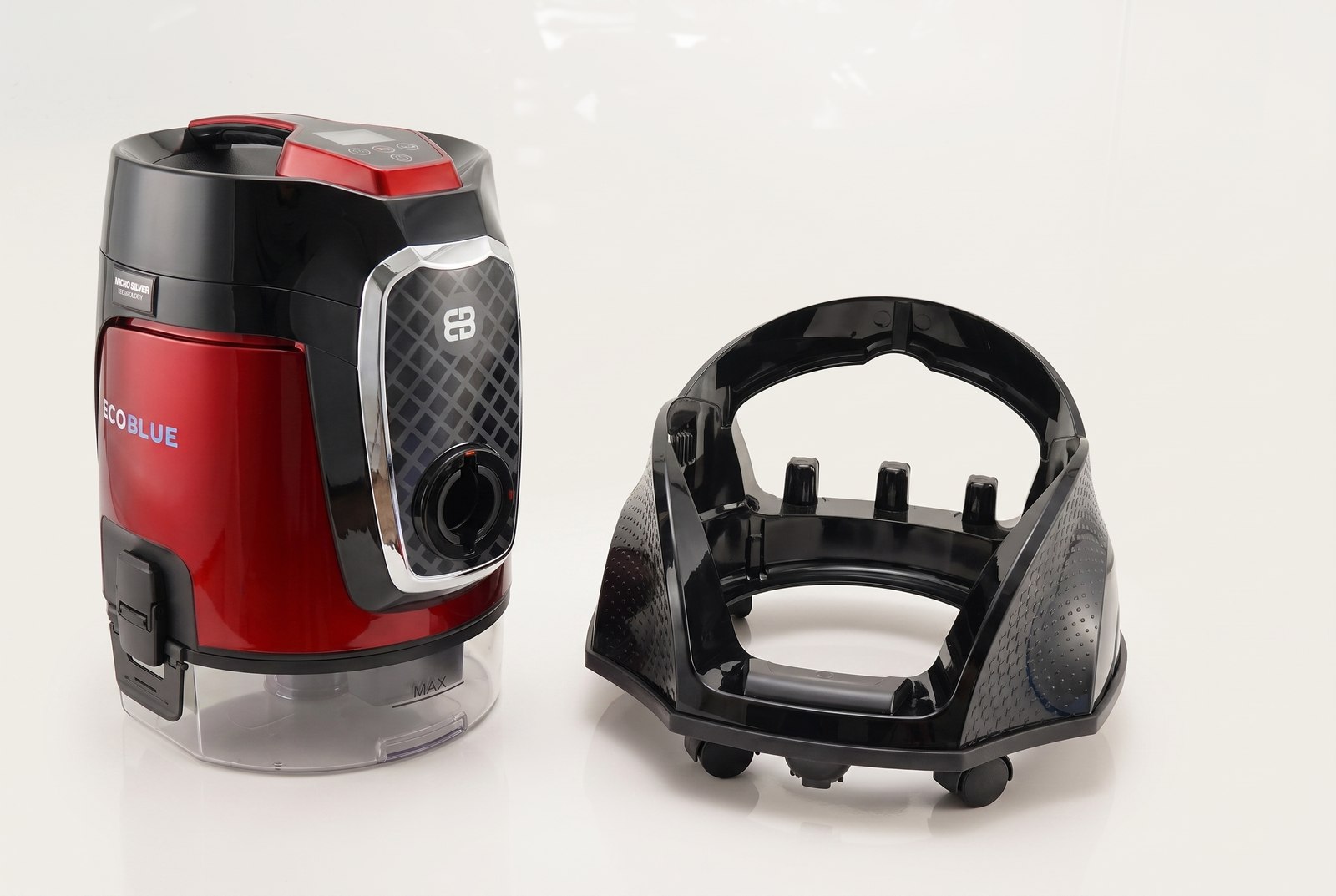 EcoBlue vacuum shown in two pieces — canister lifted off its base