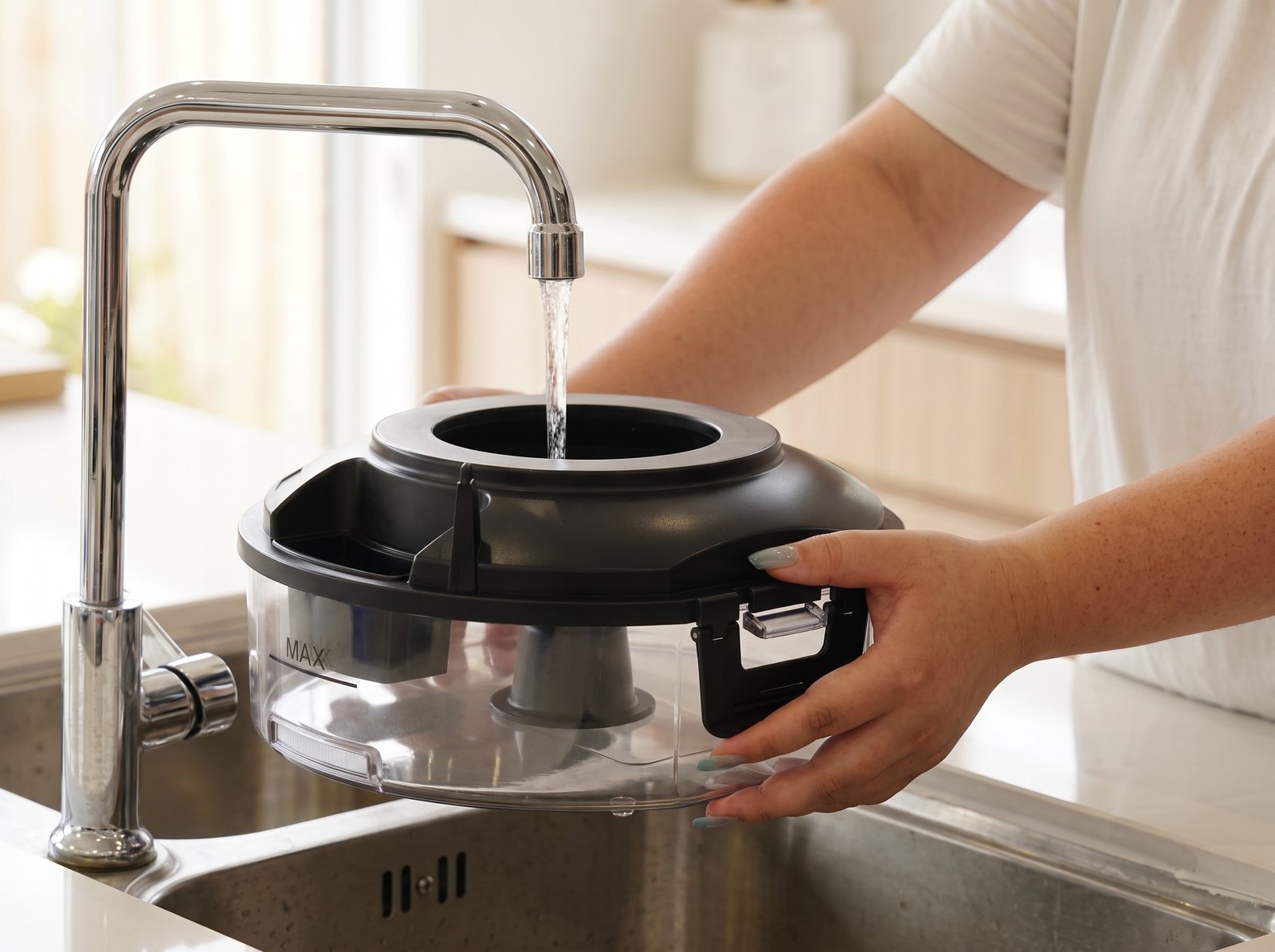 Filling the EcoBlue water basin at the kitchen tap