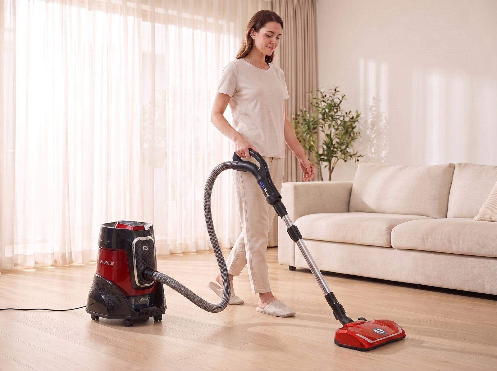 Vacuuming a living-room floor with the EcoBlue power nozzle