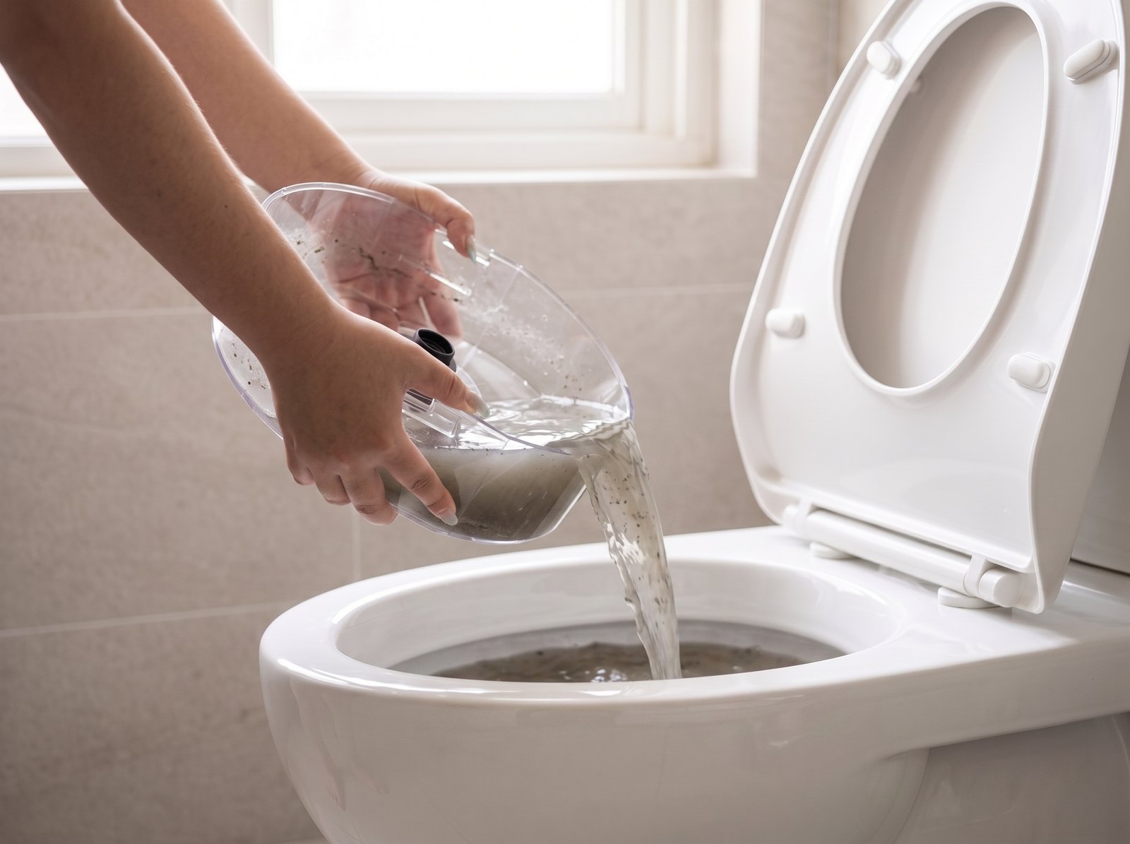 Emptying the used grey water down the toilet
